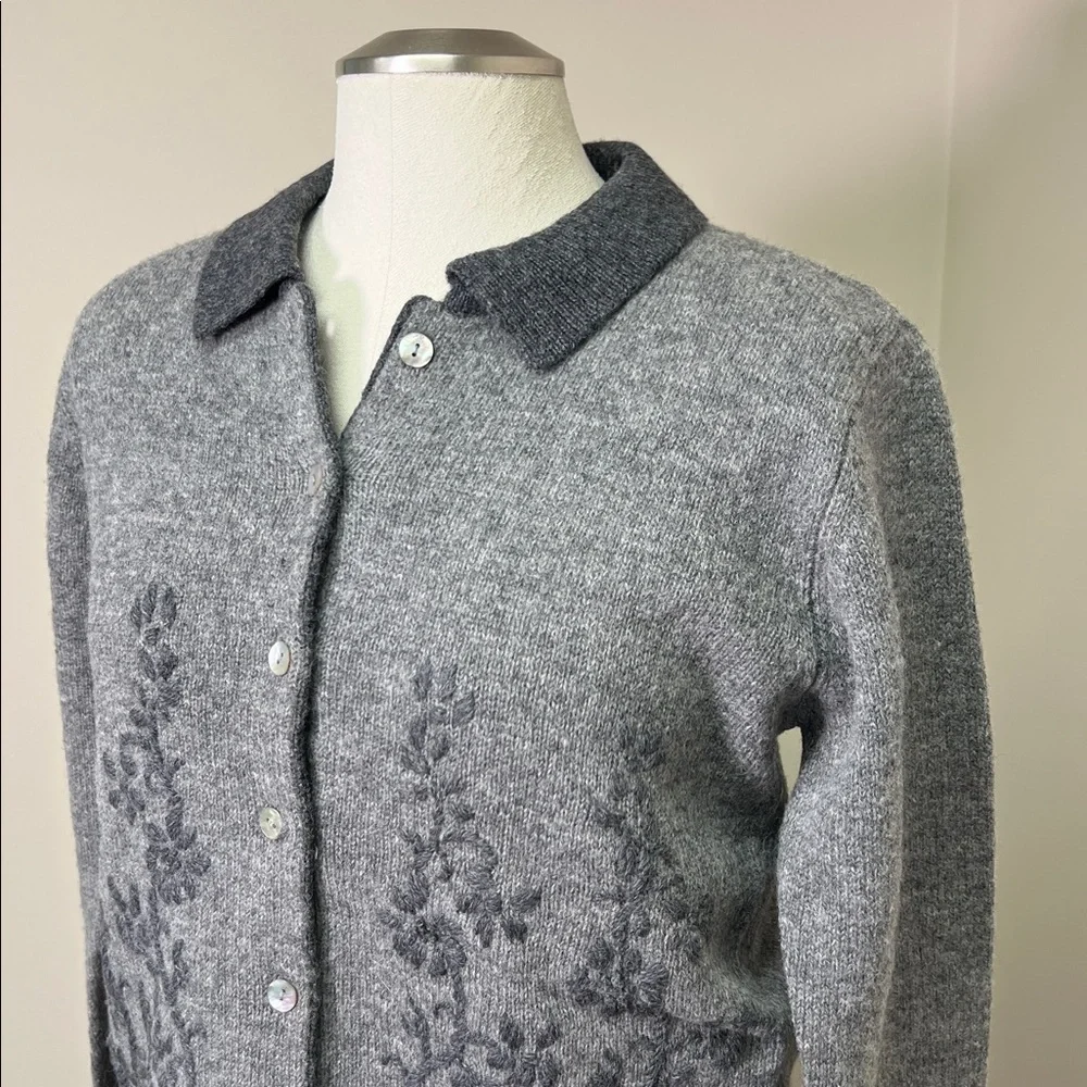 Karen Scott Pure Wool Gray Collared Button Front Embroidered Cardigan Blazer L